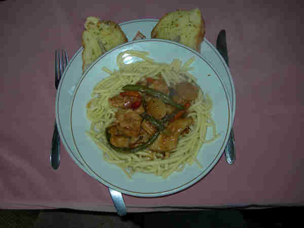 Curried Chicken Pasta and Garlic Bread